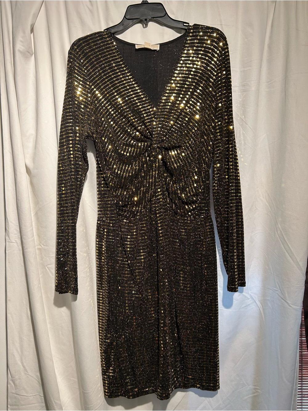 Michael Michael Kors black gold metallic twist front dress size L NWT